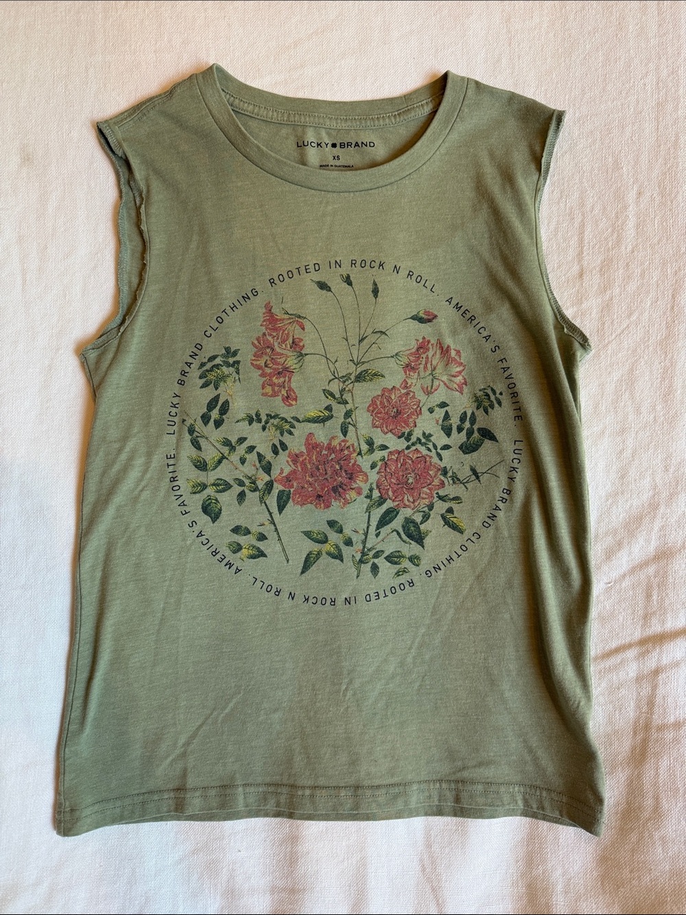 Lucky Brand Olive Green Floral Graphic Muscle Tank